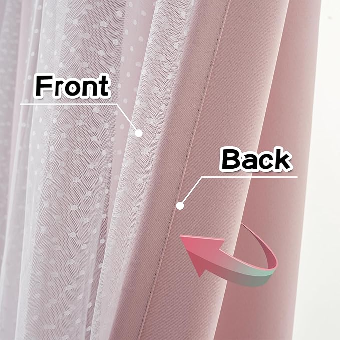 MYSKY HOME Pink Curtains for Girls Bedroom & Nursery Kids Blackout 90 Inch Blush Princess Curtains Double Layer with Polka Dots Sheer, Grommet Tops, 52" Wide, 2 Panels