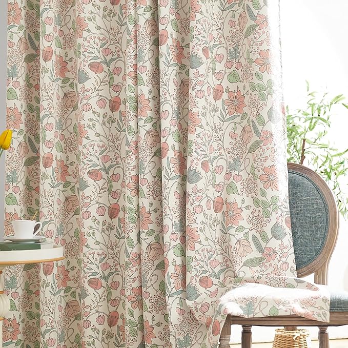 jinchan Nursery Curtains 95% Blackout 90 Inch Long, Pink Floral Curtains for Girls Room, Farmhouse Country Drapes for Living Room, Room Darkening Window Treatments Grommet Top Set 2 Panels