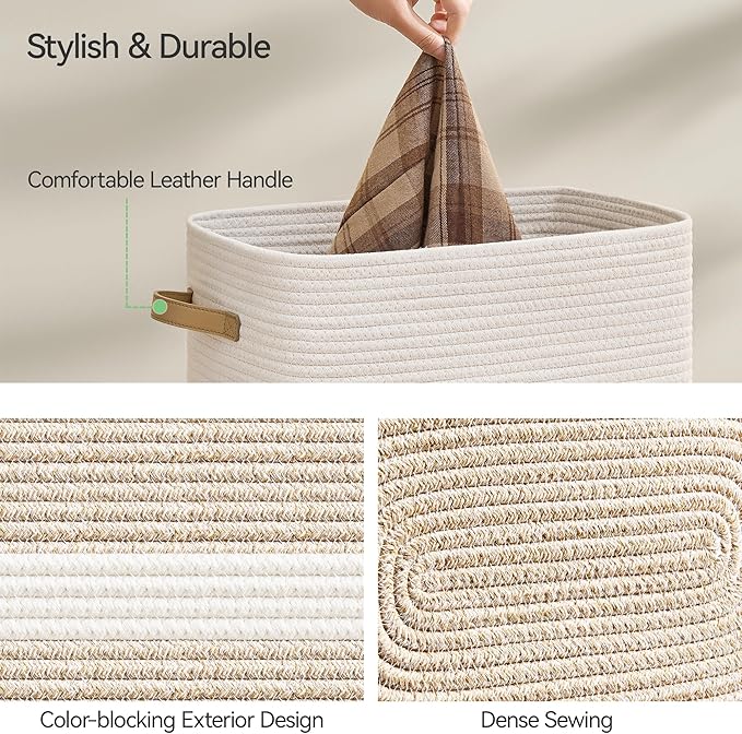 Laundry Hamper,Laundry Basket with Leather Handles,Woven Storage Basket for Toys,Pillows,Blankets,Clothes,Brown&White