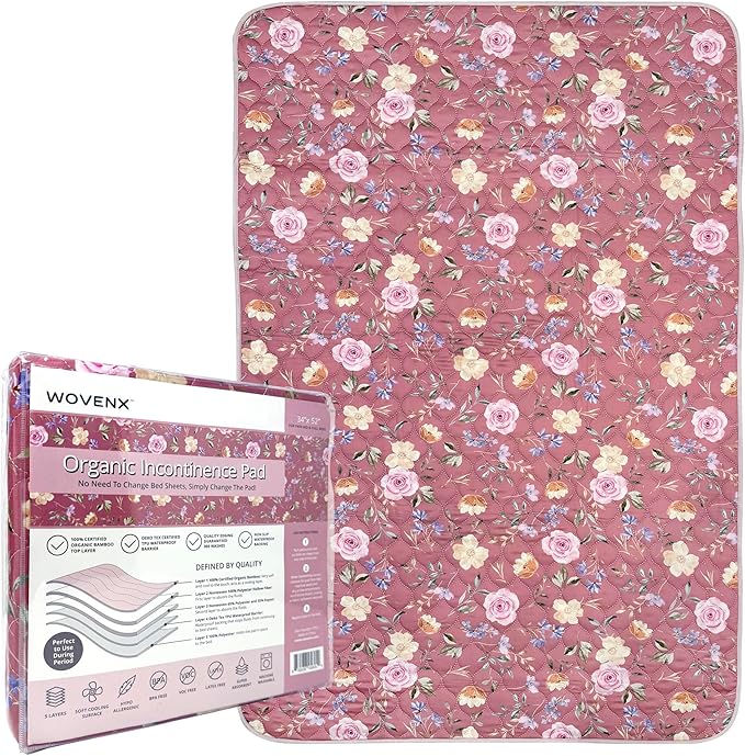 wovenx Organic Incontinence Pad for Period - Waterproof Protectors - Reusable Washable Pee Pad - Fits Twin to Full Size Beds - 100% Organic Viscose Derived from Bamboo - 34" x 52" Dark Flower