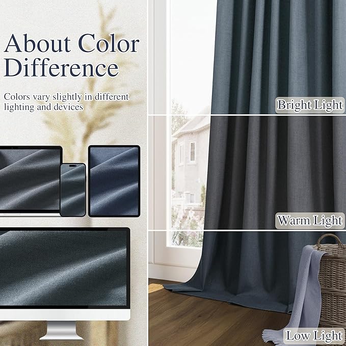 Guken 100% Blackout Linen Curtains 108 Inch Length 2 Panels Set for Living Room Bedroom Back Tab Thermal Insulated Black Out Linen Drapes Room Darkening Window Curtains,Vintage Blue