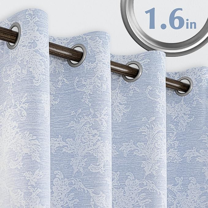 FMFUNCTEX Blue Floral Jacquard Blackout Curtains 72 Inches Long for Bedroom, Scroll Flower Chenille Farmhouse Curtains for Living Room Darkening Thermal Insulated Grommet Window Drapes 2 Panels