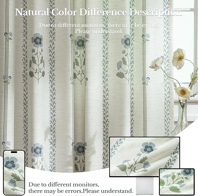 Pinch Pleated Curtains for Living Room Bedroom Dining Room - 102 Inches Light Filtering Floral Curtains Luxury Linen Drapes Farmhouse Window Curtains with Hooks and Rings - 2 Panels Set