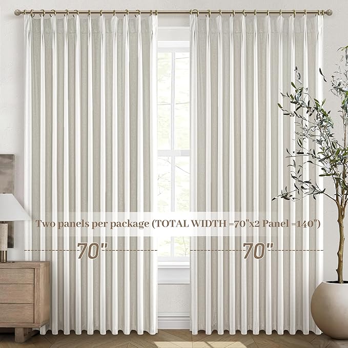 Blackout Curtains 70 Inches Total 140 width Extra Wide Pinch Pleated Long Curtain for Living Room, Cream Natural Linen Viral Curtain Room Darkening Insulated Windows Drapes (70"Wx102"Lx 2Panels)