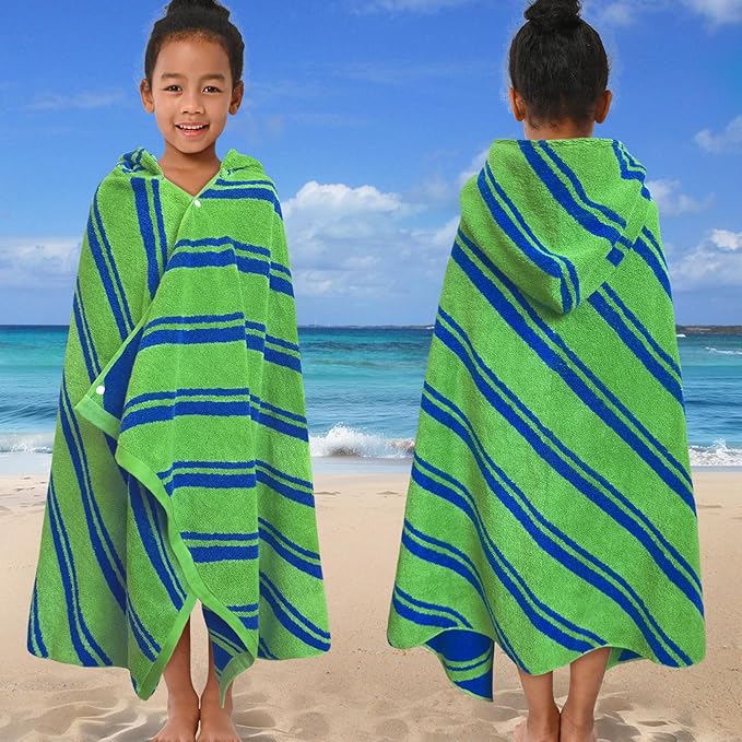 VOOVA & MOVAS Hooded Bath Towels for Kids (3-10Years,27.5"x55"),100% Cotton Absorbent Soft Towel Wrap for Toddler Boys,Perfect for Bathroom | Pool | Beach | Swimming, Jacquard Green Stripe
