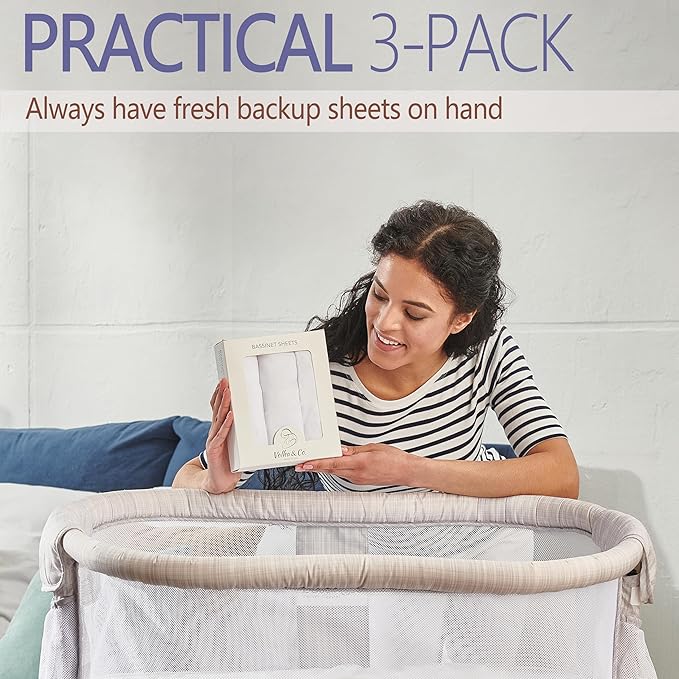 VOLHA&CO Bassinet Fitted Sheets 100% Cotton Jersey 3-Pack White