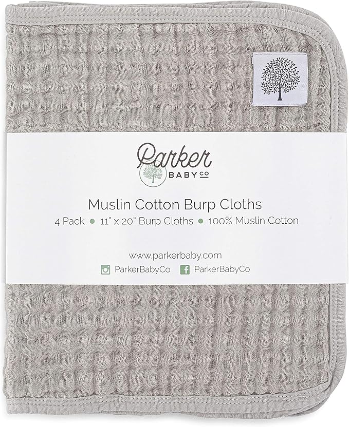 Parker Baby Muslin Burp Cloths | 100% Cotton Burping Clothes, Newborn Essential | Must-Have Baby Registry, Modern and Trendy Colors | 20"x11" Unisex Large Baby Burp Cloths, 4-Pack Gray Set