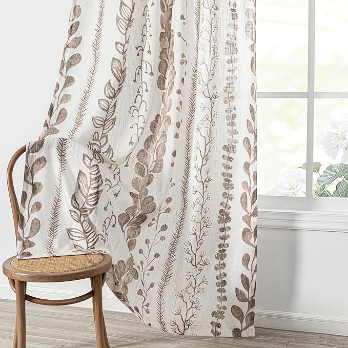 MEETSKY Flax Linen Boho Curtains 95 Inches, 2 Panels Light Filtering Window Modern Cotton Curtain for Living Room Brown Leaf Printed Soft Rod Pocket Curtain for Bedroom Office, 52x95 Inch