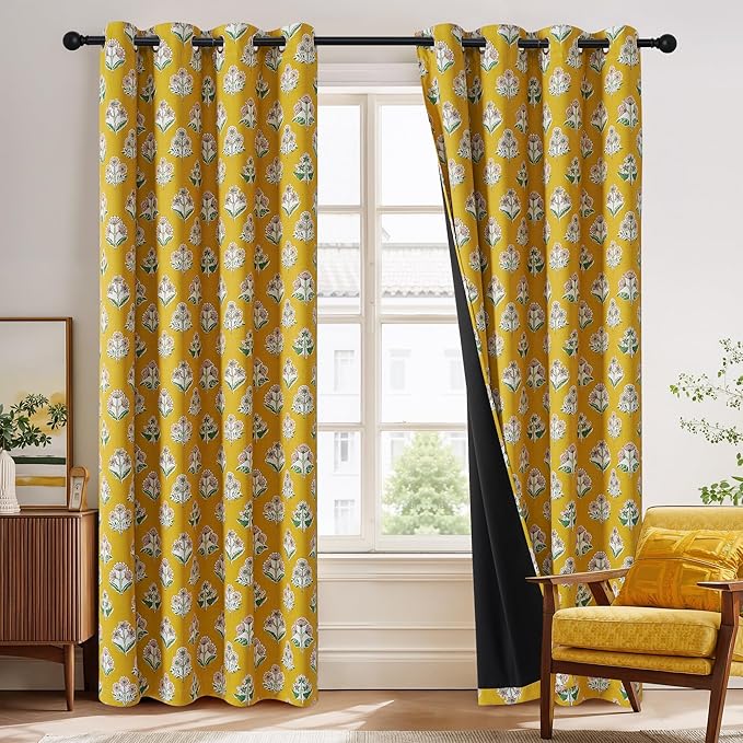 RYB HOME 100% Blackout Mustard Yellow Floral Curtains for Living Room, Patterned Flower Curtains 84 Inches Long, Thermal Insulated Drapes Window Treatment for Bedroom Dining Room, W52 x L84, 2 Panels