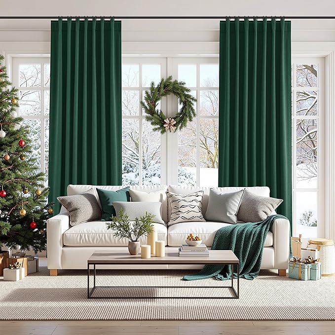 Guken Dark Green 100% Blackout Curtains 108 Inch Length 2 Panels Set for Living Room Bedroom Back Tab Thermal Insulated Black Out Linen Drapes Decor,52x108