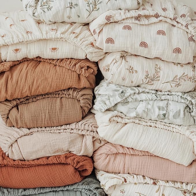 Konssy Muslin Crib Sheets 2 PCS 100% Cotton Baby Crib Sheets for Standard Crib Mattress (28" x 52"), Soft and Breathable for Boys, Girls (Toffee, Flourish)