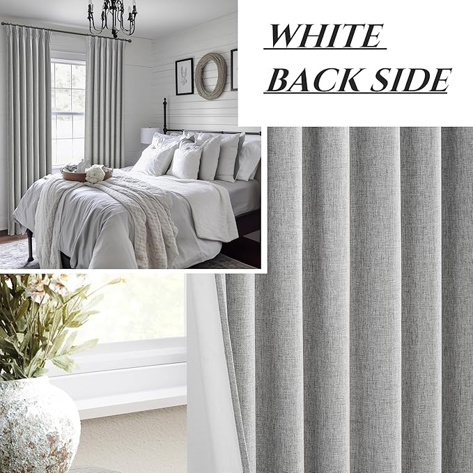 Gray Pinch Pleated 96 Inch Curtains 2 Panel Set for Living Room, Neutral Heavy Linen Blackout Window Drapes Insulated Privacy with Hooks Rings 8 FT Length Sliding Glass Door Viral Burg(40"Wx96"L Grey)