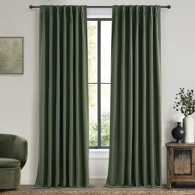 Loden Spring Living Room Curtains Linen 90 Inches Long Pinch Pleated Traverse Window Curtains Complete Blackout Heat & Cold Blocking for Sliding Glass Dark Olive Green Drapes (40"wx90"Lx2 Panels)