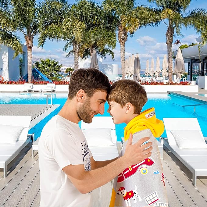 VOOVA & MOVAS Kids Bath Towels for Boys, Ages 3-8, 30''X50, | Soft Thick Absorbent Cotton, Beach | Pool | Bath Hooded Towels, Yellow Fire Truck