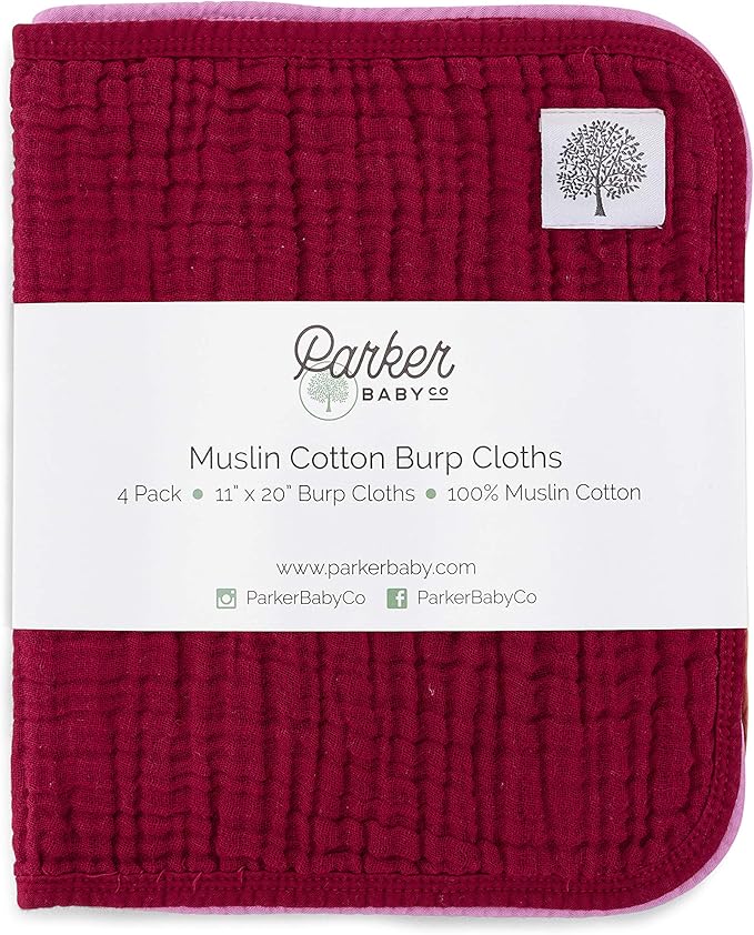 Parker Baby Muslin Burp Cloths | 100% Cotton Burping Clothes, Newborn Essential | Must-Have Baby Registry, Modern and Trendy Colors | 20"x11" Large Baby Burp Cloths, 4-Pack Rose