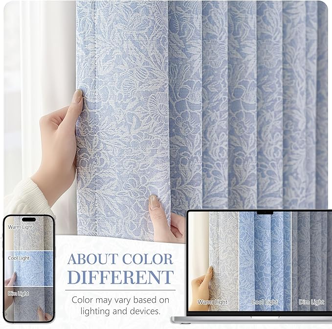 Metro Parlor Light Blue Floral Jacquard Blackout Curtains 84 Inches Long for Bedroom,Chenille Pattern Vintage Flower Curtains for Living Room Darkening Thermal Insulated Grommet Window Drapes,2 Panels