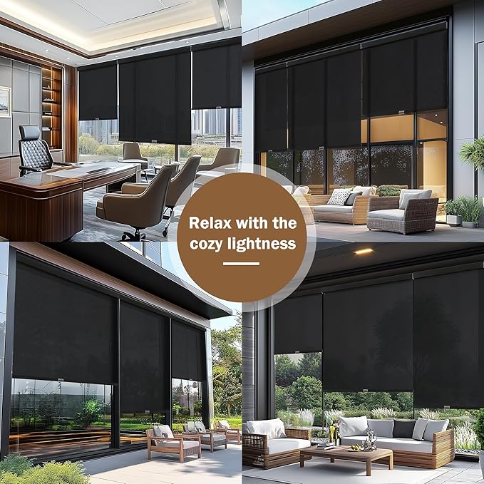 AOSKY Light Filtering Roller Shades Cordless Blinds for Windows, 1% Openness Free-Stop Shades with Valance, Thermal Insulated Fabric, UV Protection, Natural Woven Blinds(38" W x 72" H, Black)