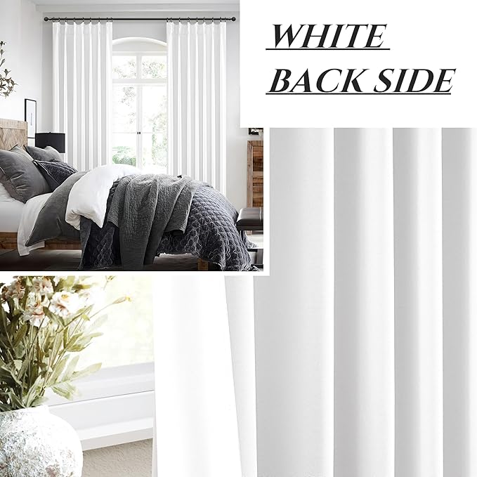 Bright White Full Blackout Natural Linen 100 Inch Curtains Para Sala 2 Panels Set, Memory Shape Pinch Pleated Room Darkening Drapes Insulated Sound Dampening 40 x 100 Inches Curtain for Dining Room