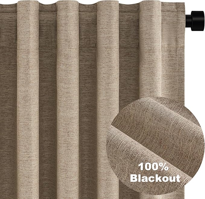 Topfinel Extra Long 132 Inch 100% Blackout Curtains for Livingroom Taupe Burlap Linen Blend Farmhouse Curtain Drapes Sound Proof Drapes Privacy Ceiling Track Villa Bedroom 11Ft(W52 xL132 2 Panels)