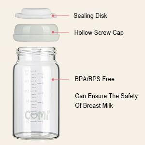 COMI Wide Neck Glass Breastmilk Collection n Storage Bottle, 4 Packs, 6oz with Screw Ring Sealing Disk; Re-markable Sealing Disc. BPA Free, Fits Breast Pumps & Nipples (4 Gray Lids) | Wide Neck, 4 Packs, BPA Free