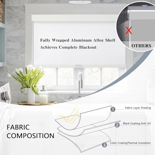 AOSKY Blackout Roller Shades Cordless Blinds for Windows, Free-Stop Shades with Valance, Thermal Insulated Fabric, UV Protection, Natural Woven Blinds for Home and Office (58" W x 72" H, White)