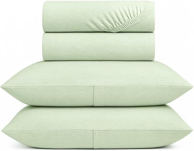 100% Cotton Bed Sheet Set with Deep Pocket - T-Shirt Fabric Jersey Knit - Extra Soft - Easy Fit - 4 Piece Set with Pillowcases - All Season - Comfy – 4 pcs (Mineral Green, Full)