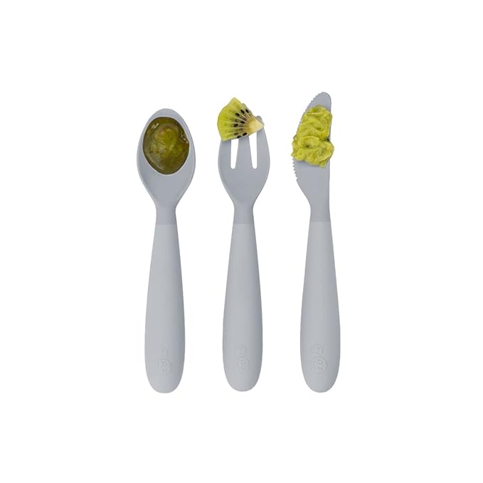 ezpz Happy Utensils (Pewter) - 24 Months+ - BPA Free Toddler Utensils - Fork, Spoon and Knife for Toddlers and Preschoolers - Kids for Self-Feeding Development