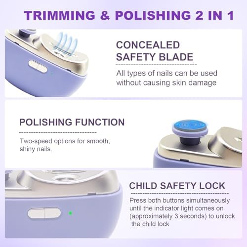 Electric Nail Clipper, 2 in 1 Electric Nail Clippers for Seniors and Adults, Baby Automatic Nail Clipper with Polishing, Light & Storage, Smart Nail Clipper 2-Speed for Fingernail (Purple)