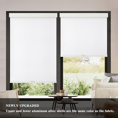 AOSKY Blackout Roller Shades Cordless Blinds for Windows, Free-Stop Shades with Valance, Thermal Insulated Fabric, UV Protection, Natural Woven Blinds for Home and Office (57" W x 72" H, White)