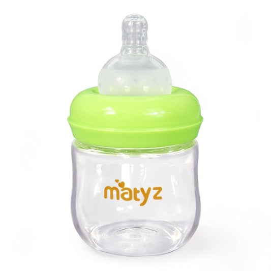 Matyz 1-Pack Glass Baby Breastfeeding Bottle with Cap (Green, 4Oz) - Wide Neck New Born Bottles for Baby Breastfeeding Bottles for Newborn Babies - Glass Baby Bottles Breastfeeding Bottles with Lids