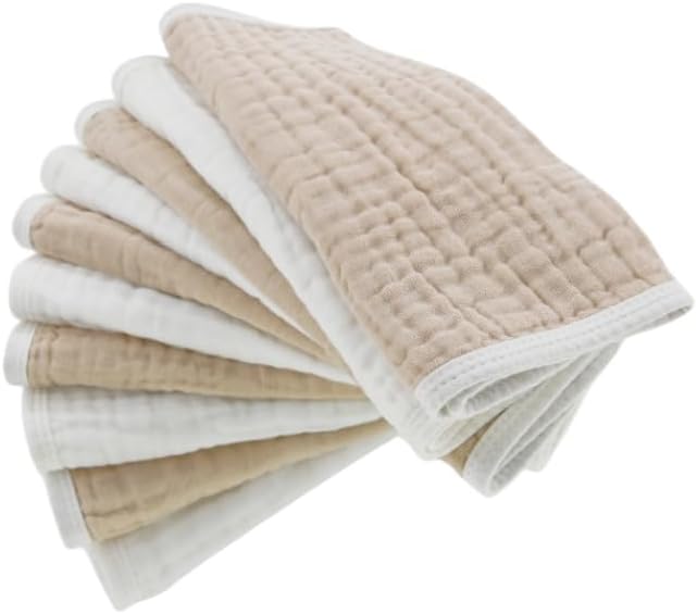 Synrroe Burp Cloths Large, Muslin Burp Cloths for Baby Girls and Boys, Pack of 10 Extra Absorbent and Soft Muslin, 6 Layers 20 by 10 Inches 100% Cotton (White and Brown 10 Pack)
