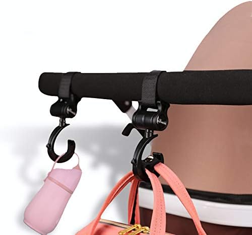 SUNVENO Stroller Hooks 2 Pack, 360° Rotating Universal Stroller Clips with Adjustable Straps, Heavy Duty Bag Holders for Diaper Bags, Purses, Groceries and Travel Use