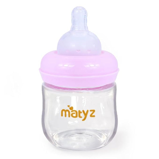 Matyz 1-Pack Glass Baby Breastfeeding Bottle With Cap (Pink, 4Oz) - Wide Neck New Born Bottles For Baby Breastfeeding - Breastfeeding Bottles For Newborn Babies Glass 4 Oz Glass Baby Bottles With Lids