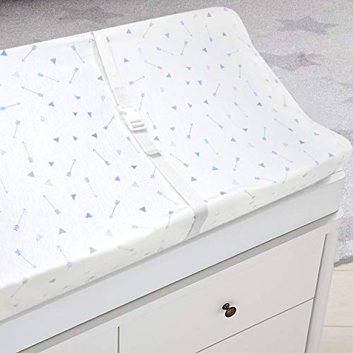 American Baby Company Printed 100% Cotton Knit Fitted Contoured Changing Table Pad Cover - Compatible with Mika Micky Bassinet, Sparkle Silver Blue Arrows, for Boys and Girls