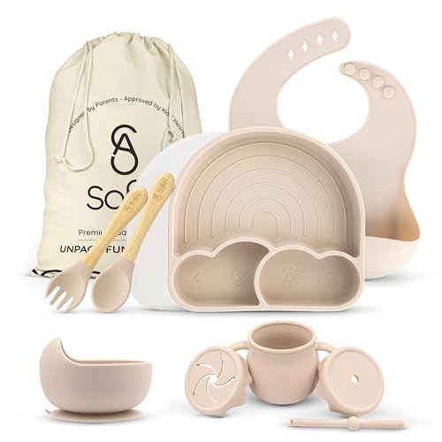 SofiAl All In One Silicone Feeding Set - Safe for 6-12 Months - Non-Toxic Baby Led Weaning Supplies - Toddler Self Feeding Utensils - BPA-Free - Mess Free Essentials