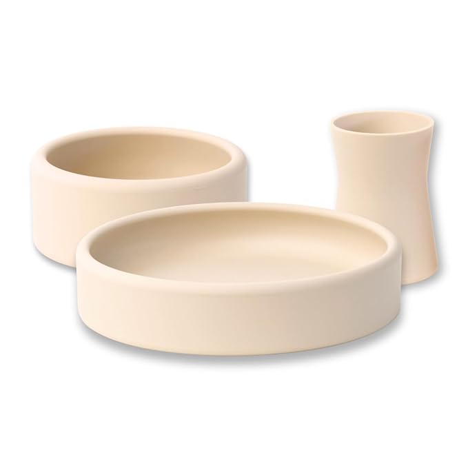 APLAINR Silicone Plate, Bowl & Cup Set for Babies and Toddlers, Weighted, Baby Feeding Set, Baby Led Weaning Supplies, Set of 3, Oat Cream