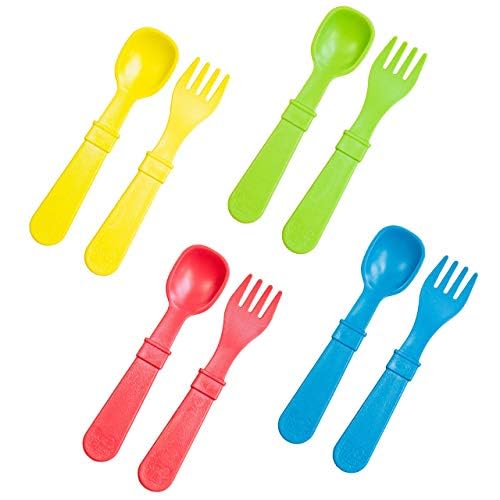 RE-PLAY Made in USA 8pk Toddler Feeding Utensils Spoon and Fork Set | Eco Friendly Recycled Milk Jugs - Virtually Indestructible | Red, Yellow, Lime Green, Sky Blue (Preschool)