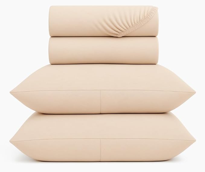 100% Cotton Bed Sheet Set with Deep Pocket - T-Shirt Fabric Jersey Knit - Extra Soft - Easy Fit - 4 Piece Set with Pillowcases - All Season - Comfy – 4 pcs (Beige, King)
