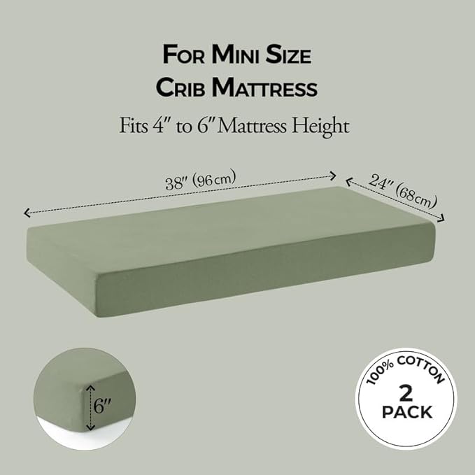 Dreamology Mini Crib Sheets,100% Cotton Crib Sheet,2-Pack,Soft,Baby Crib Sheets for Boys,Girls,Pack n Play Sheets,Pack and Play Sheets Fitted,Mini Crib Sheet,Crib Mattress Sheets,24 x 38