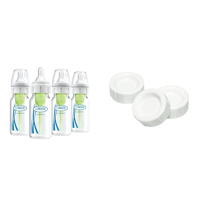 Dr. Brown's Natural Flow Anti-Colic Options+ Narrow Baby Bottles 4 oz (Pack of 4) with Slow Flow Nipple 0m+, Includes Travel Caps 3-Pack