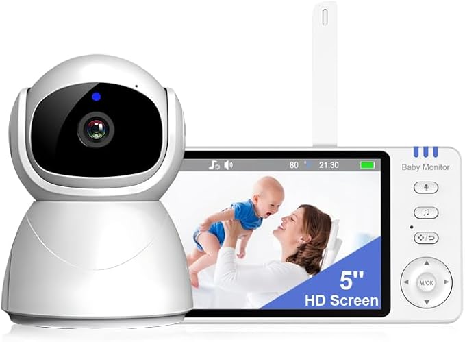 5" Video Baby Monitor with Camera and Audio, No WiFi No App, 720P HD Secure Connection, 1000ft Range, Night Vision, Temp & Feeding Alarm, 355° PTZ