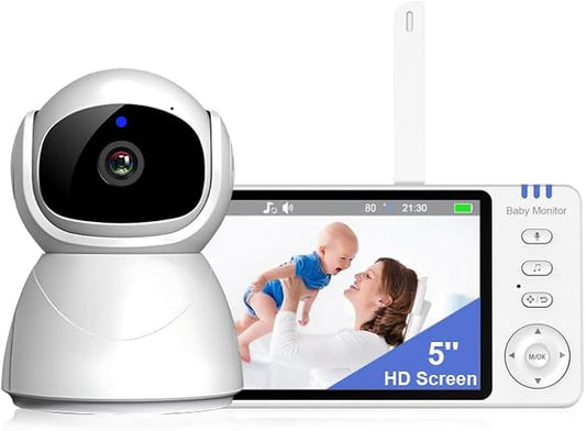 5" Video Baby Monitor with Camera and Audio, No WiFi No App, 720P HD Secure Connection, 1000ft Range, Night Vision, Temp & Feeding Alarm, 355° PTZ