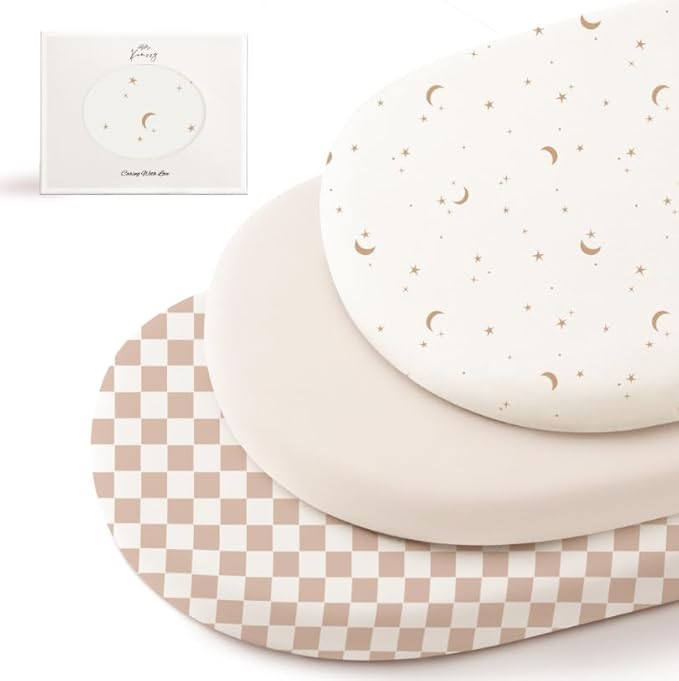 Konssy 3 Pack Stretchy Bassinet Sheets for Baby Girl Boy, Soft Breathable Baby Bassinet Mattress Sheets Fit for Hourglass Oval Cradle, Moses Basket Rectangle Mattress (Coffee Check)