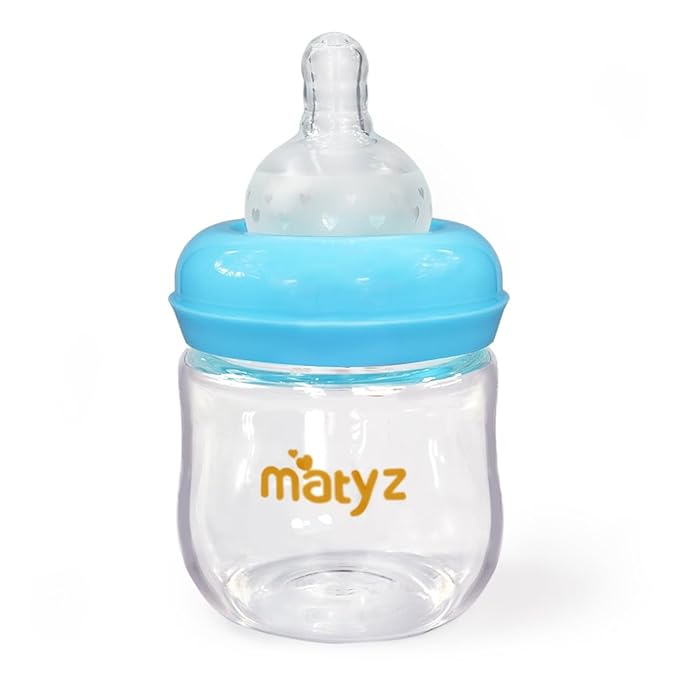 Matyz 1-Pack Glass Baby Breastfeeding Bottle with Cap (Blue, 4Oz) - Wide Neck New Born Bottles for Baby Breastfeeding - 4 Oz Glass Baby Bottles with Lids - Breastfeeding Bottles for 0-3 Months Babies
