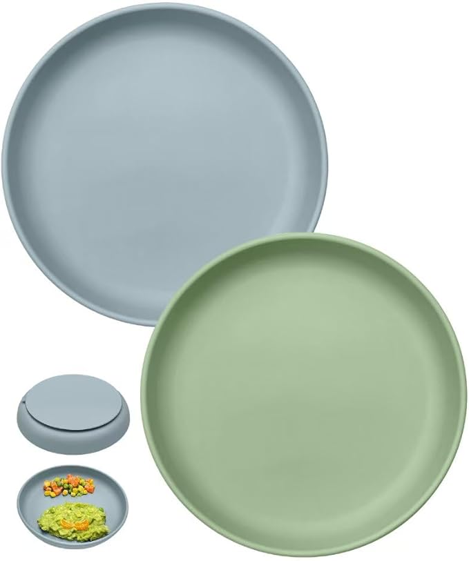 Qyeejong Classic Toddler Plates with Suction 2 Pcs, BPA Free Silicone Baby Suction Plates, Stick Dinner Dishes for Baby Toddler Kids, Dishwasher Safe, Stackable