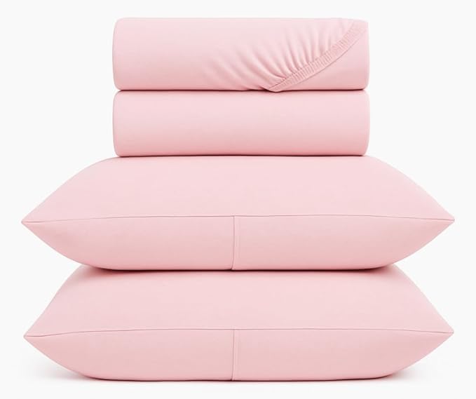 100% Cotton Bed Sheet Set with Deep Pocket - T-Shirt Fabric Jersey Knit - Extra Soft - Easy Fit - 4 Piece Set with Pillowcases - All Season - Comfy – 4 pcs (Pink, King)