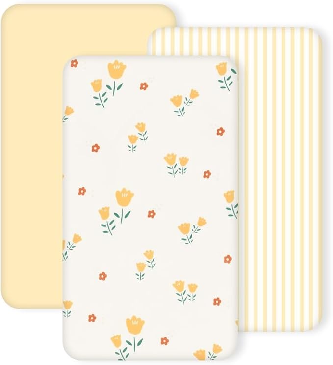 3 Pack Stretchy Bassinet Sheets - Universal Fit for Rectangle, Round, Oval, Hourglass Cradles & Moses Baskets - Soft Breathable Fitted Bassinet Sheets Set for Baby - Yellow & Flower