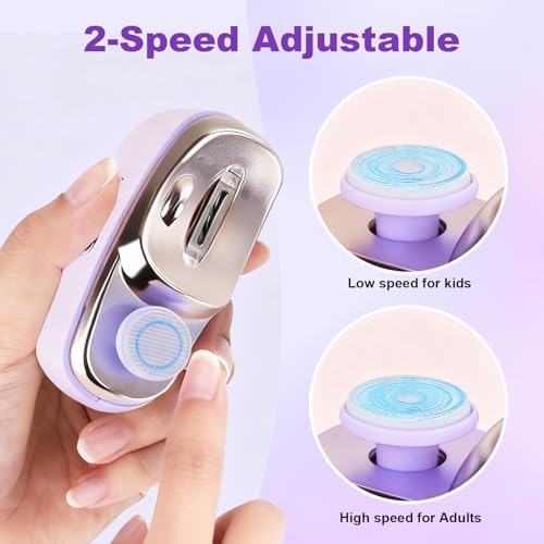 Electric Nail Clipper, 2 in 1 Electric Nail Clippers for Seniors and Adults, Baby Automatic Nail Clipper with Polishing, Light & Storage, Smart Nail Clipper 2-Speed for Fingernail (Purple)