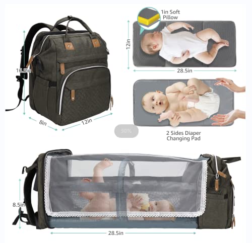 DERJUNSTAR Baby Diaper Bag Backpack with ChangingStation-Large Capacity Baby Bag for Boys & Girls, USBCharging Port, Pacifier Case, sunshade & Toy Bar,Waterproof， Forest