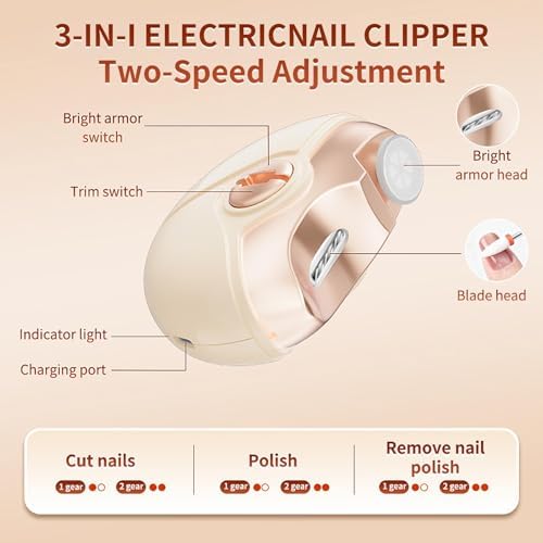 Electric Nail Clipper, Electric Clippers for Seniors, Adults and Baby, Automatic Nail Clipper with Trimming, Buffing, and Polish Removal in One, Smart Nail Clipper for Fingernail & Toenail (Beige)